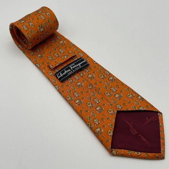 SALVATORE FERRAGAMO Tie Men's Orange ORN Cow All Over Pattern Made in Italy - Picture 2 of 9